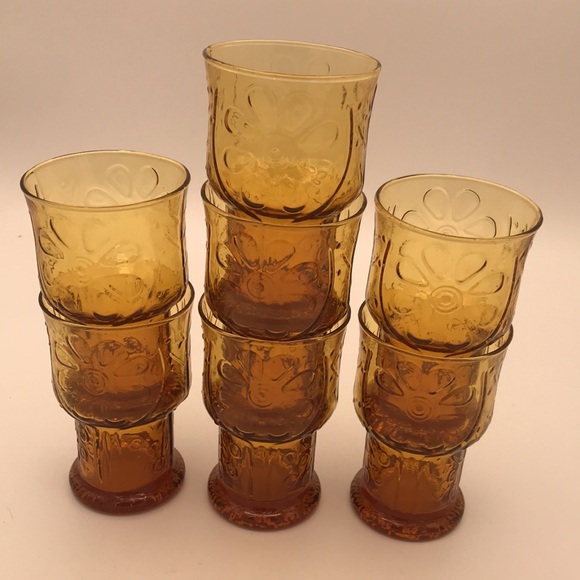 VTG Libbey Amber Daisy Country Garden 5" Beverage Glasses Set of 7 - Picture 5 of 8